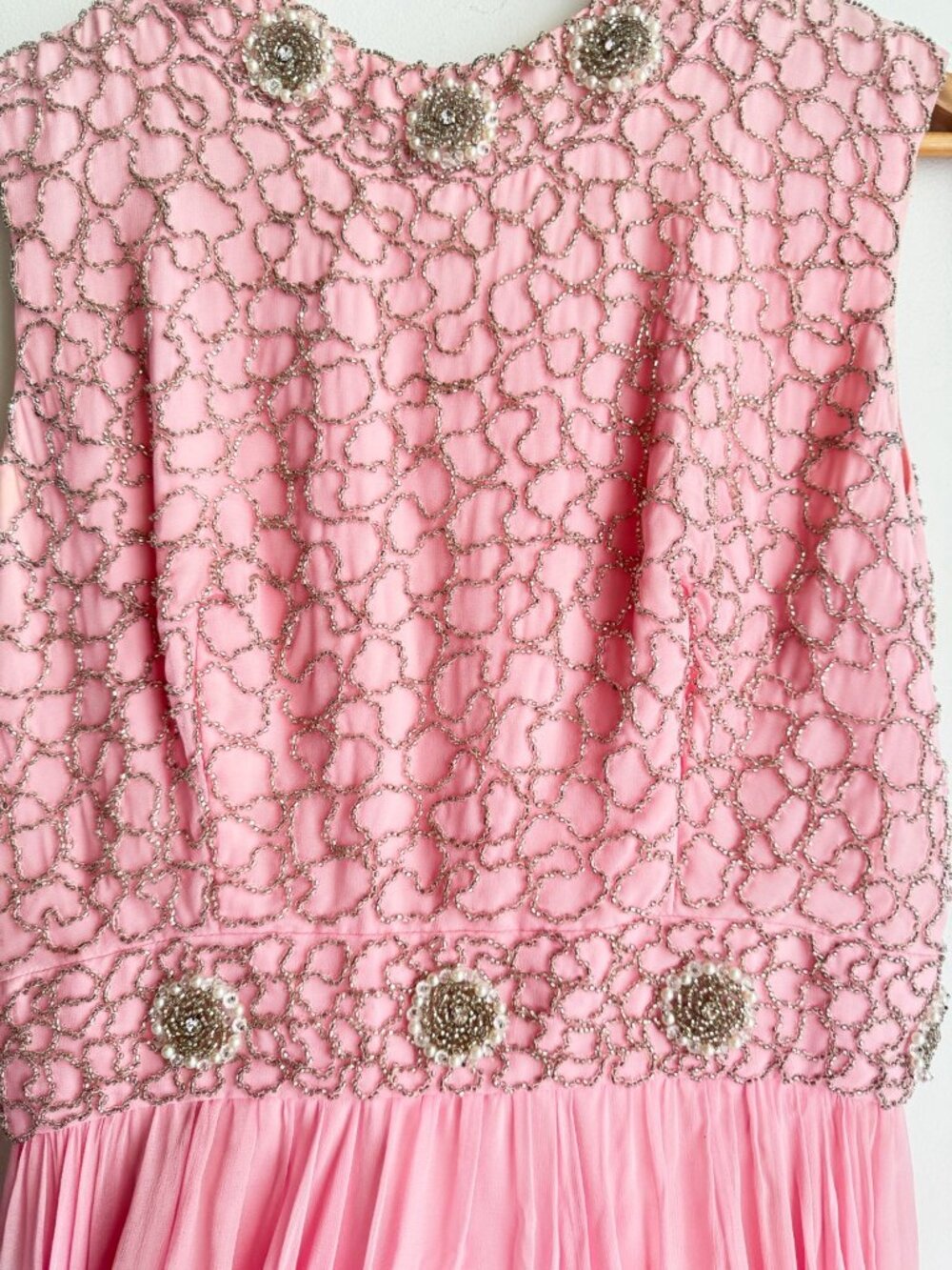 Vintage 60s Barbie Pink Beaded Fit and Flare Midi Cocktail Dress S - Picture 4 of 9